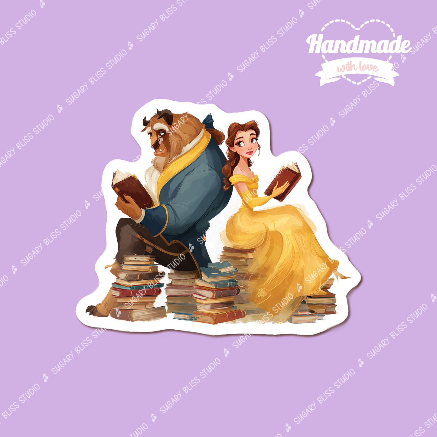 Sticker of Belle and the Beast sitting on books with 'Handmade with Love' text on a purple background.