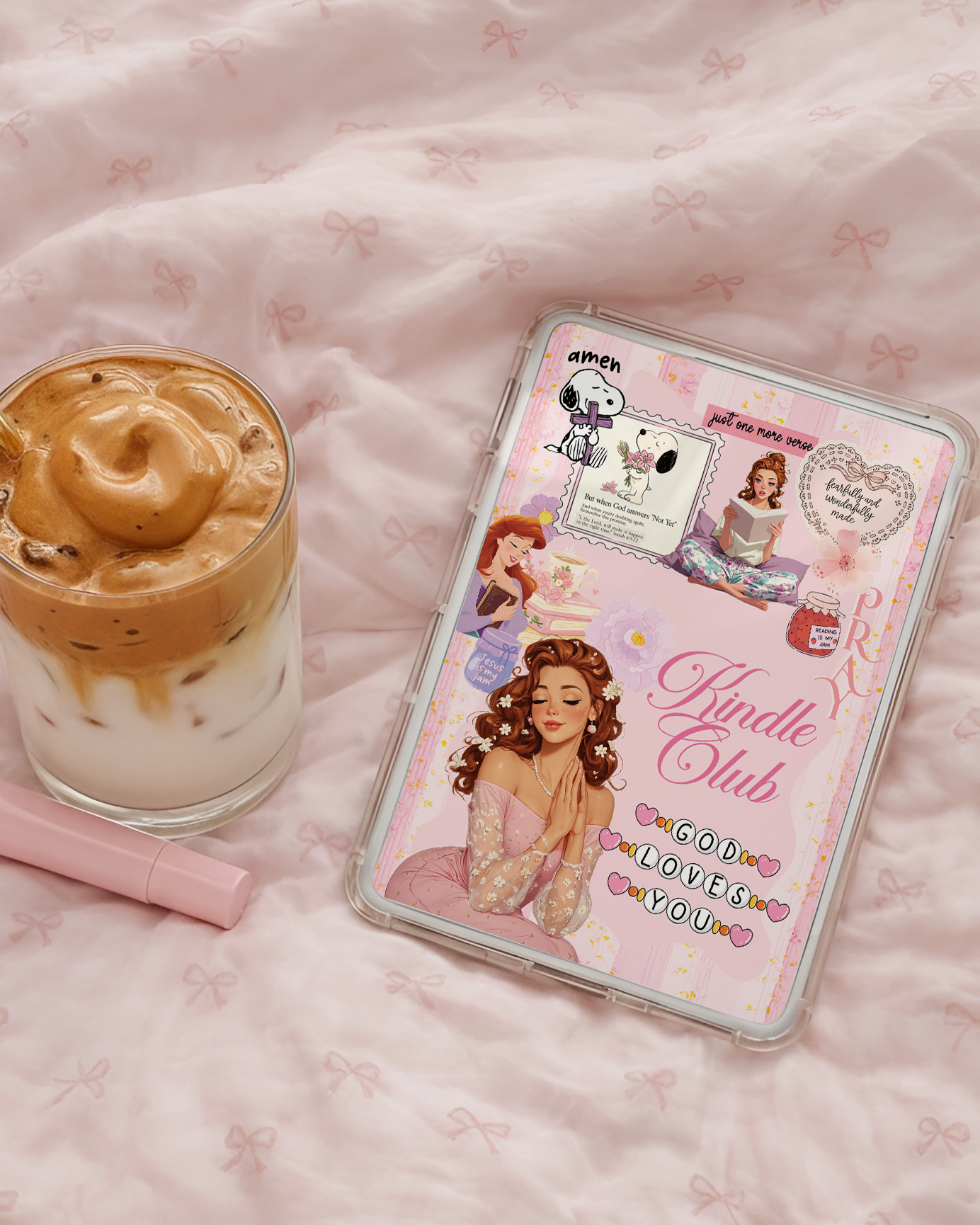 Christian Kindle insert pink bookish faith aesthetic Kindle case styled flat lay