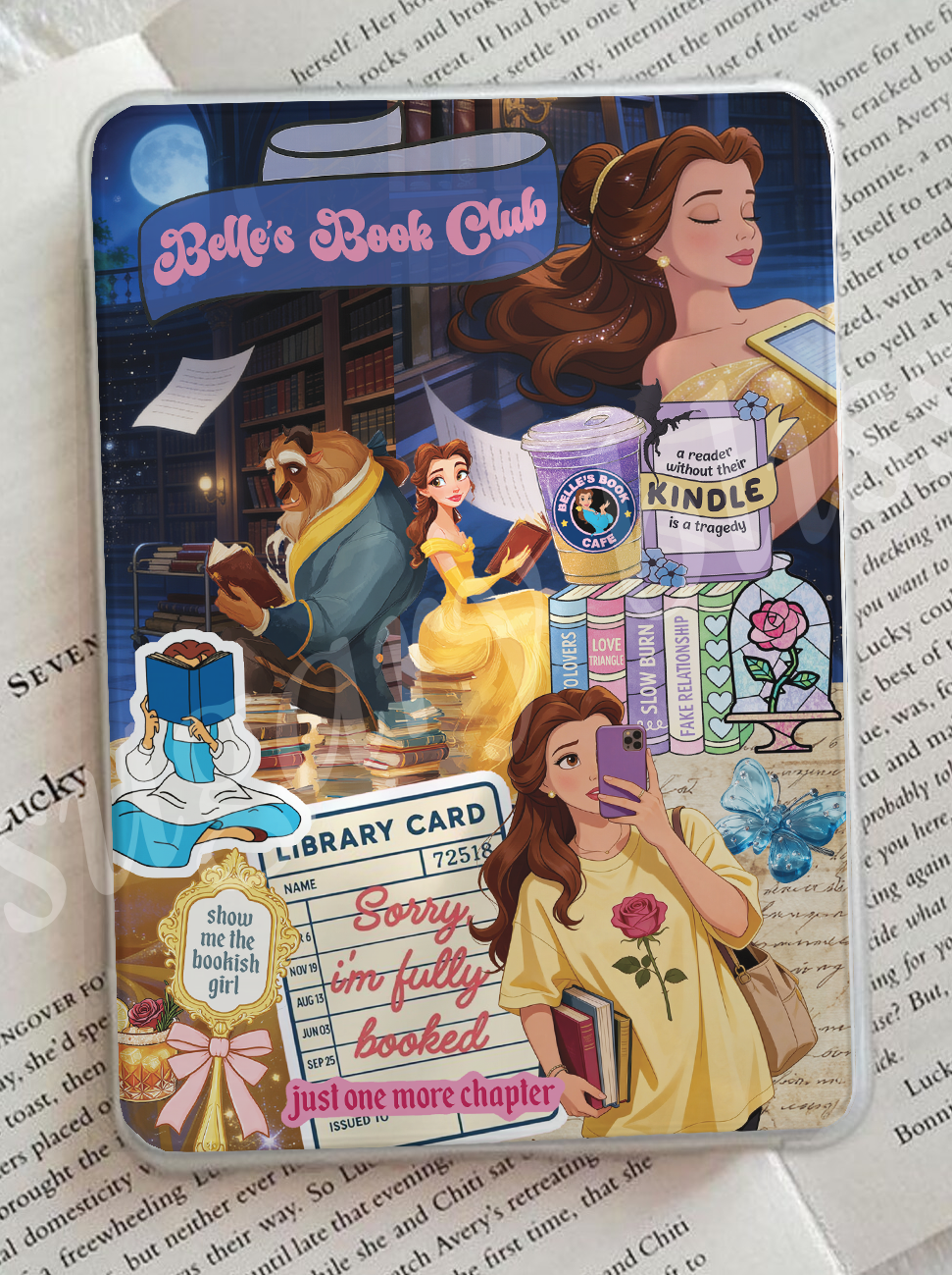 Belle inspired Kindle insert book club aesthetic with library card and bookish quotes
Beauty and the Beast inspired Kindle case insert with cozy reading theme
Bookish princess Kindle insert with coffee cup and library card design