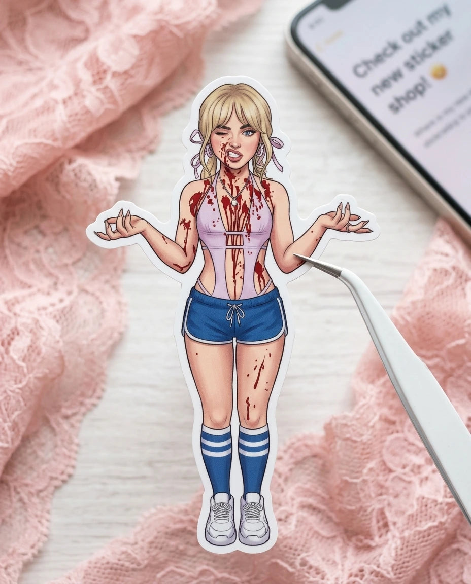 Sticker of a character with injuries on a textured pink background