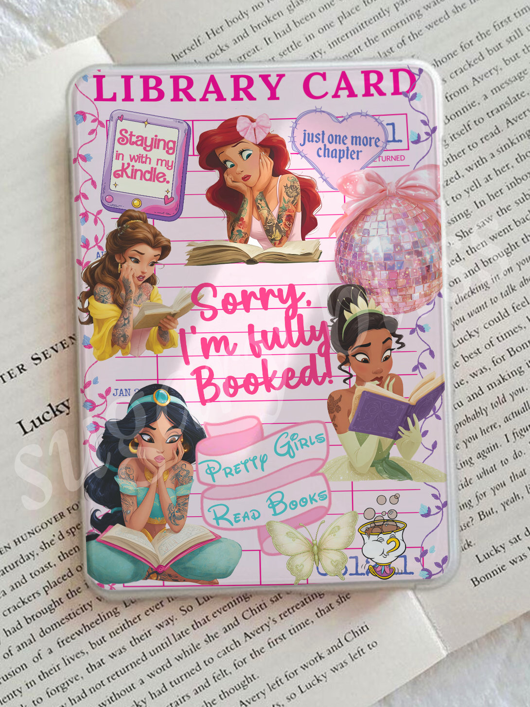 Tattooed princess Kindle insert with pink library card and Sorry I’m Fully Booked design
Ariel Jasmine Tiana inspired Kindle insert aesthetic for clear case
Booktok princess Kindle insert with disco ball and reading theme