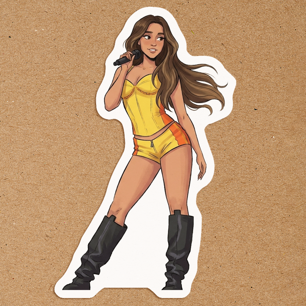 Tate Mcrae doll sticker yellow outfit boots confident pose girly pop waterproof sticker