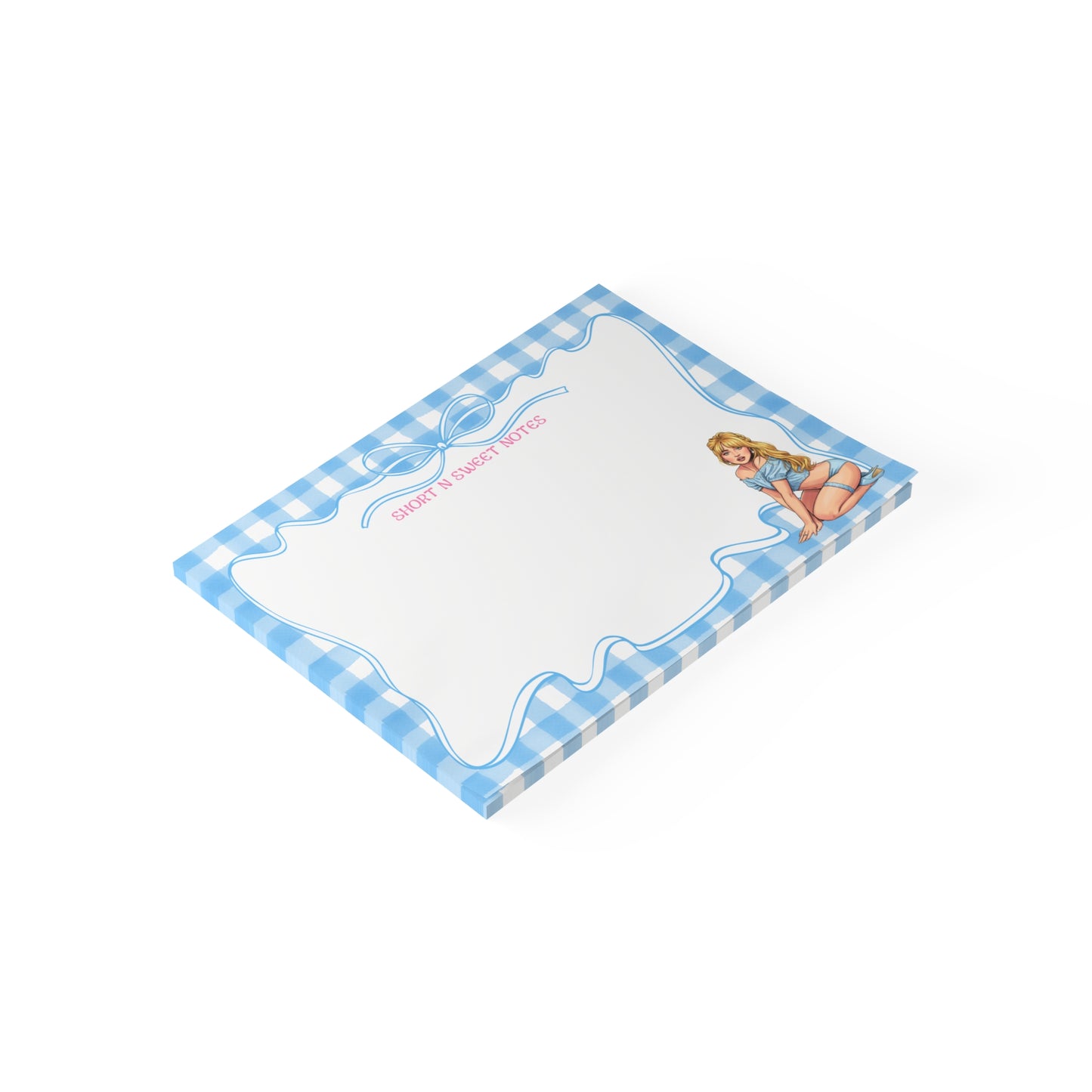 Short N Sweet Notes Notepad – Coquette Blue Gingham Bow | Cute Aesthetic Notepad