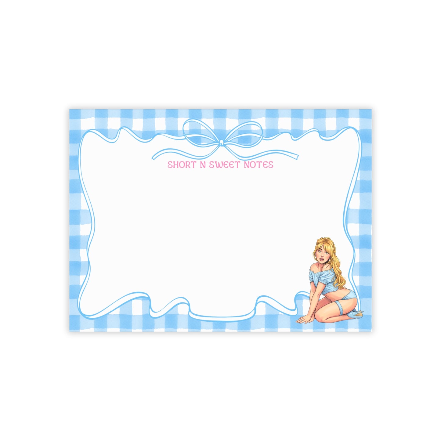Short N Sweet Notes Notepad – Coquette Blue Gingham Bow | Cute Aesthetic Notepad