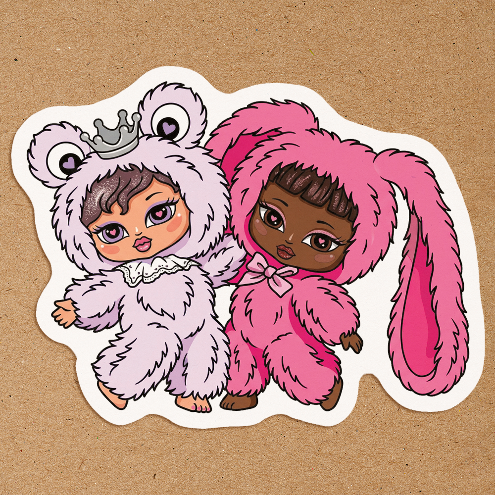 Two cartoon children in animal costumes on a brown background