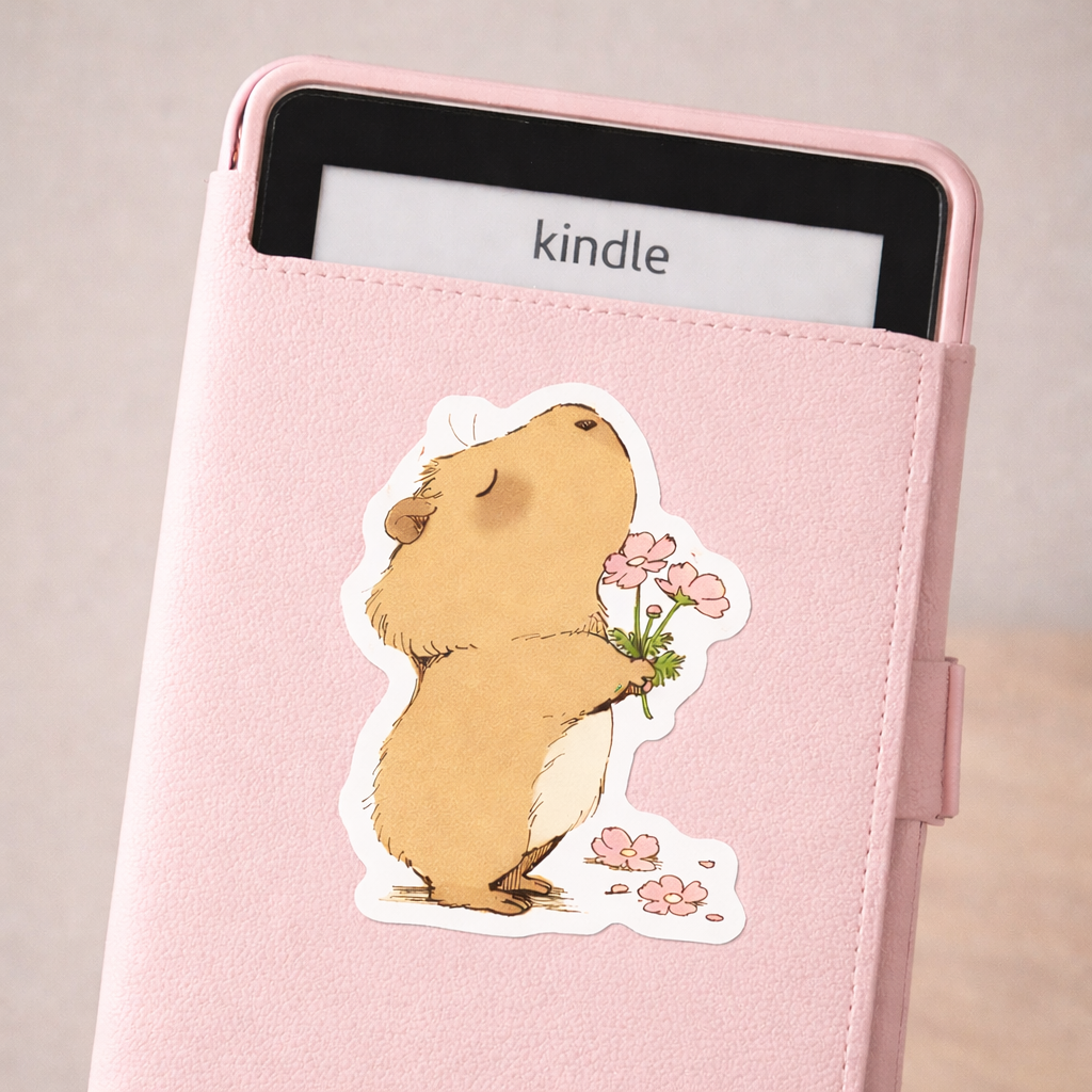 Pink Kindle case with a cute animal illustration on a light pink background
