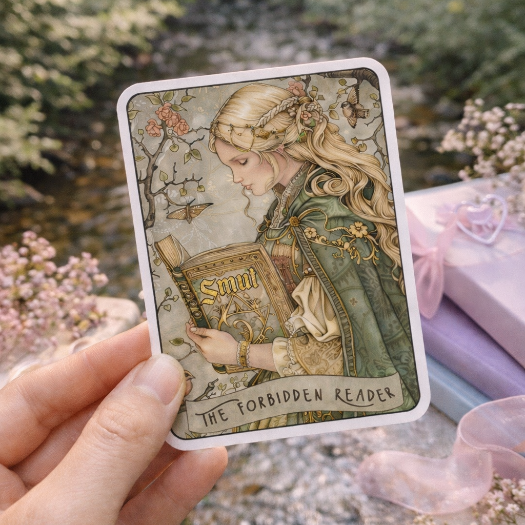 Card featuring a woman holding a book titled 'The Forbidden Reader' held by a hand with a natural background.