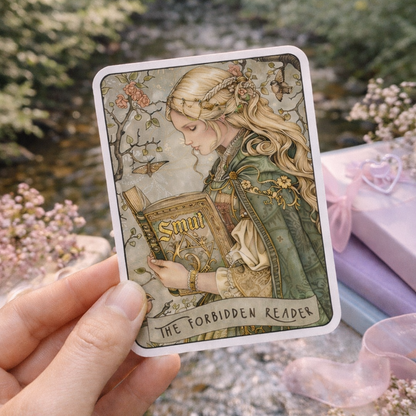 Card featuring a woman holding a book titled 'The Forbidden Reader' held by a hand with a natural background.