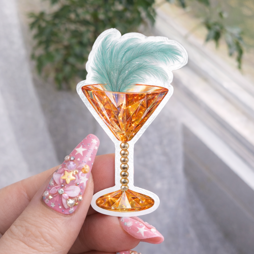 Sticker of a cocktail glass held by a hand with pink nail polish.