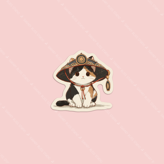 Sticker of a cat wearing a hat on a pink background