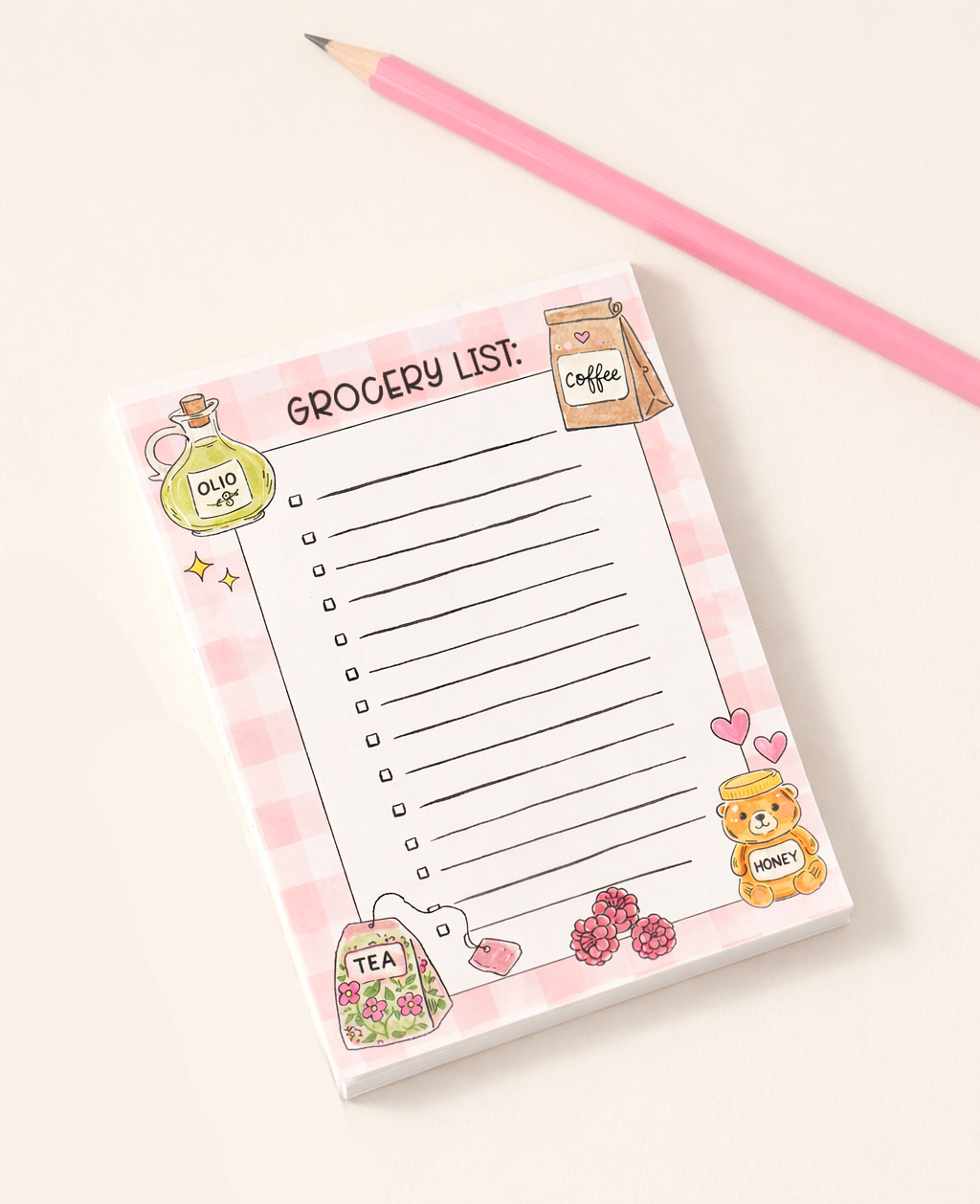 Grocery list notepad with cute illustrations on a white background
