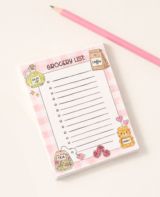 Grocery list notepad with cute illustrations on a white background