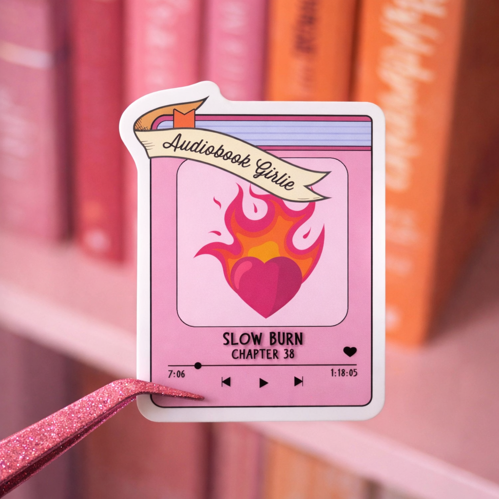 Card with heart design and 'Audiobook Girlie' branding against a blurred bookshelf background