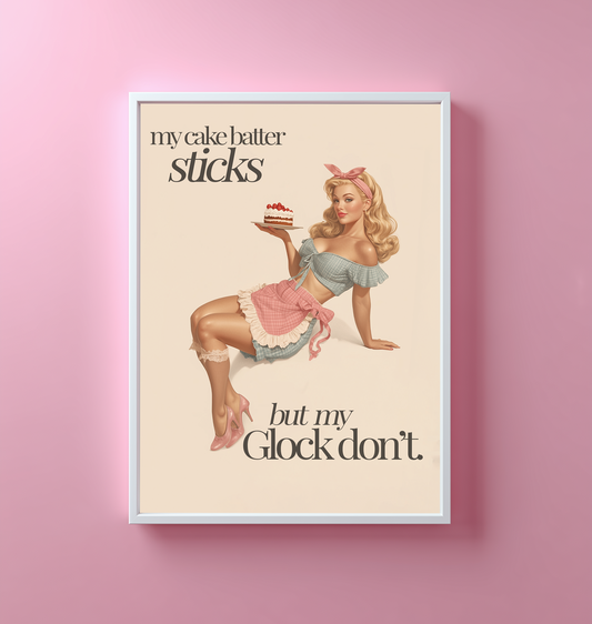 Framed poster with a vintage-style illustration of a woman holding a cake on a pink background.