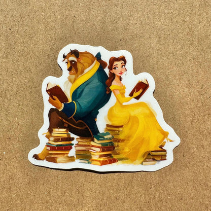 Sticker of Belle and the Beast from 'Beauty and the Beast' on a textured brown background