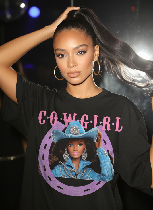 Black cowgirl graphic tee featuring a confident Black woman in a western hat, bold southern cowgirl aesthetic
