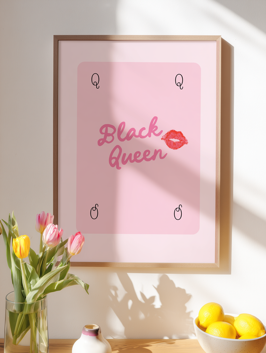Feminine Black Queen pink digital print styled with tulips and lemons on wooden table