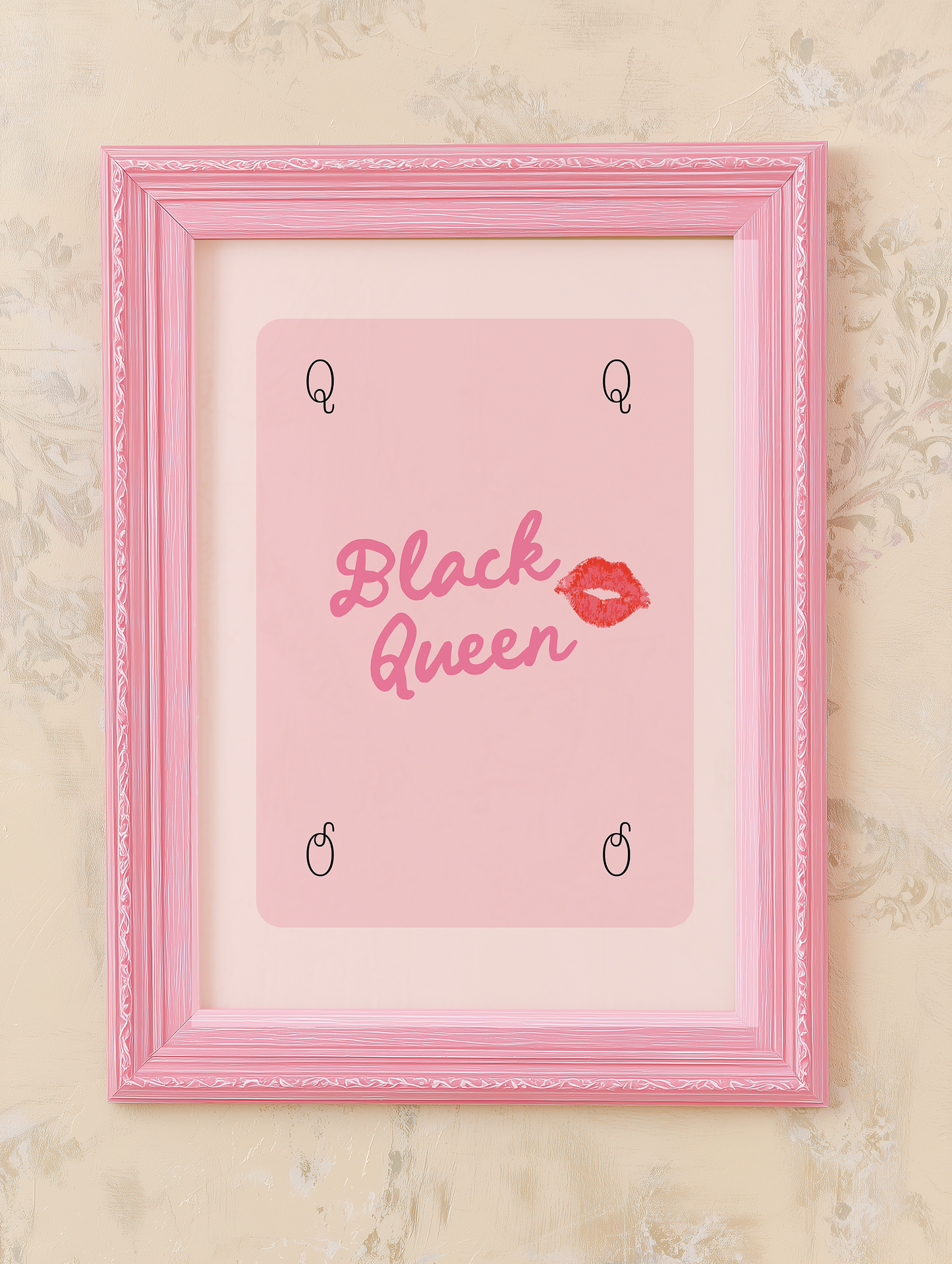 Pink Black Queen wall art print in pastel pink frame with feminine glam decor aesthetic