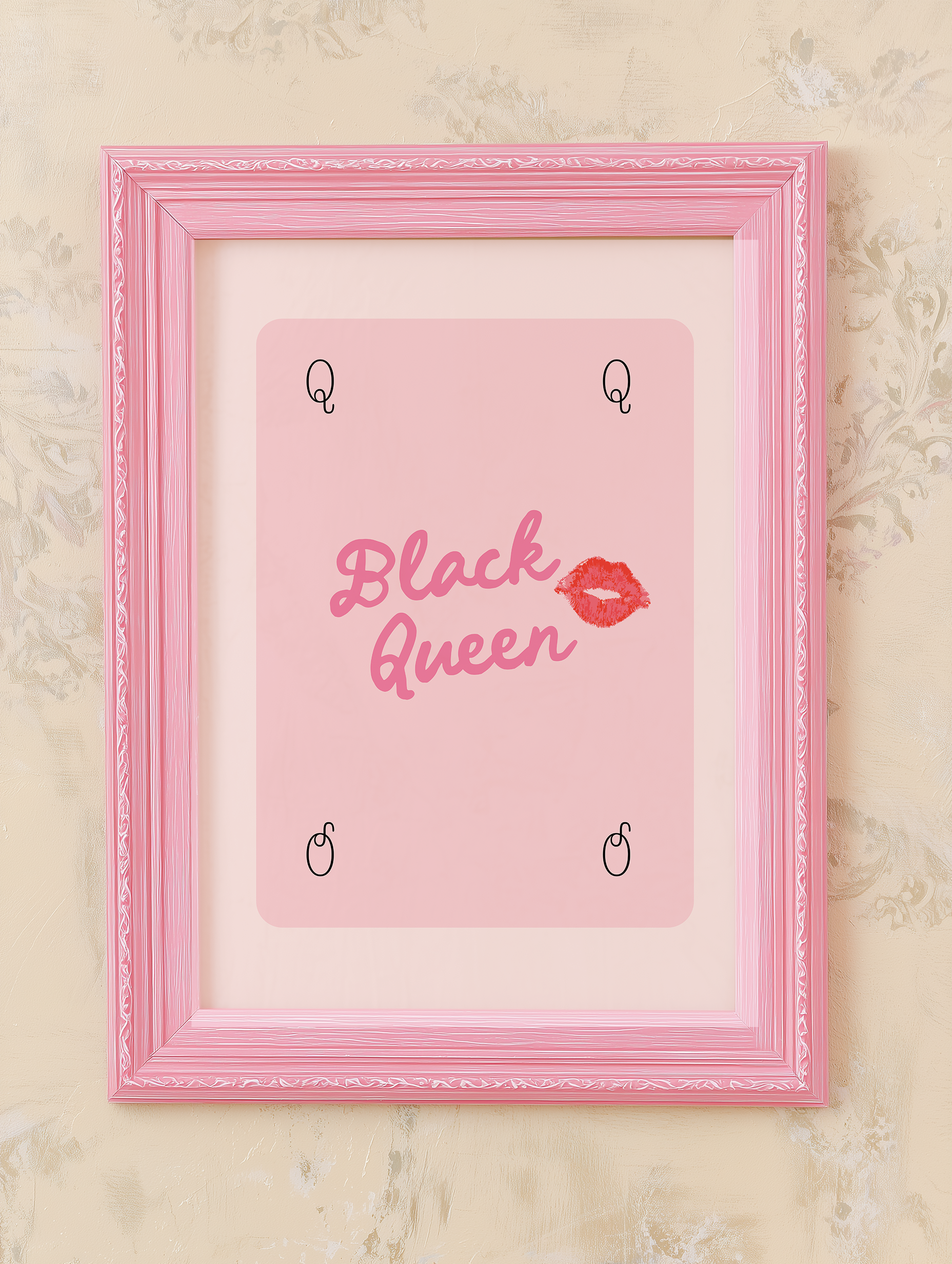 Pink Black Queen wall art print in pastel pink frame with feminine glam decor aesthetic