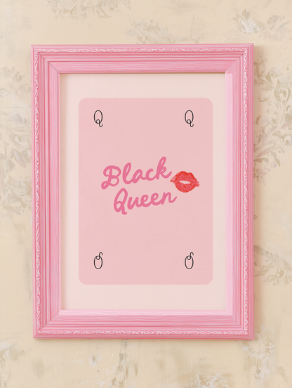 Pink Black Queen wall art print in pastel pink frame with feminine glam decor aesthetic