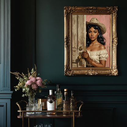 Framed portrait of a woman with a cowboy hat on a dark wall above a bar setup.