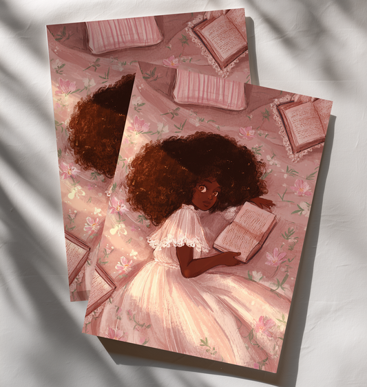 Illustration of a girl holding books on a pink floral background