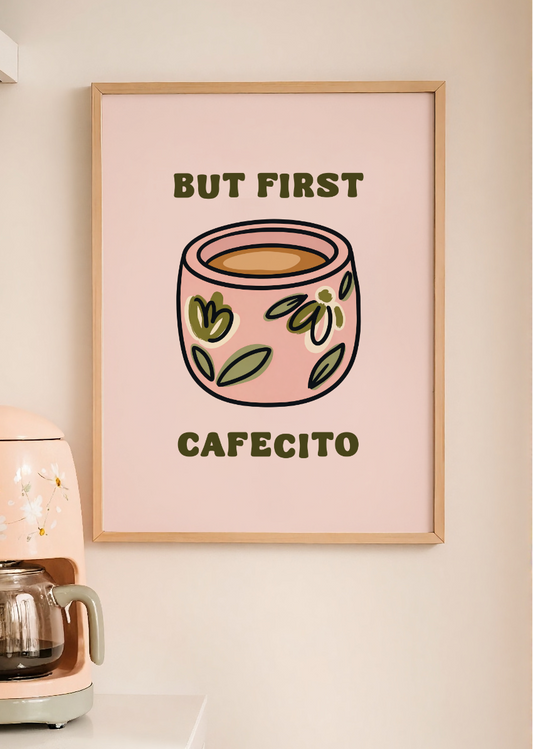 But First Cafecito kitchen wall decor with espresso and coffee machine mockup