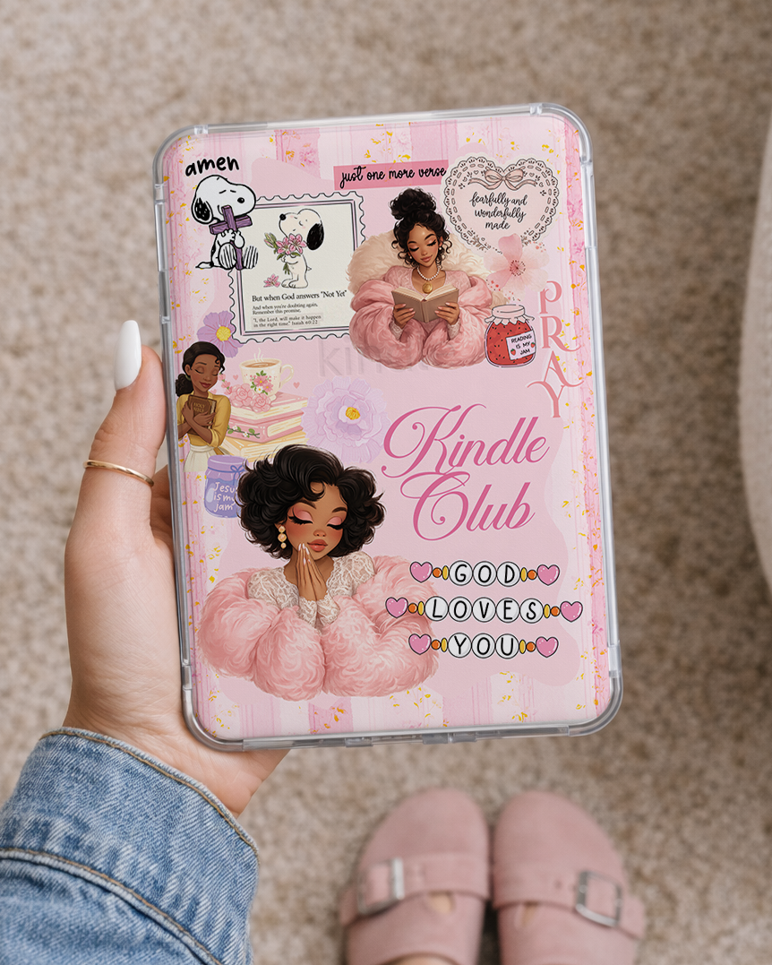 Christian Kindle insert Black woman reading Bible pink faith Kindle case insert
