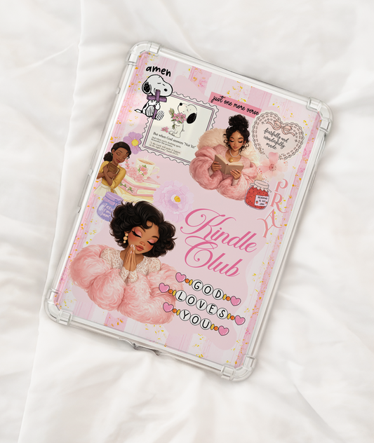 Christian Kindle insert woman of faith Black girl praying pink aesthetic clear Kindle case