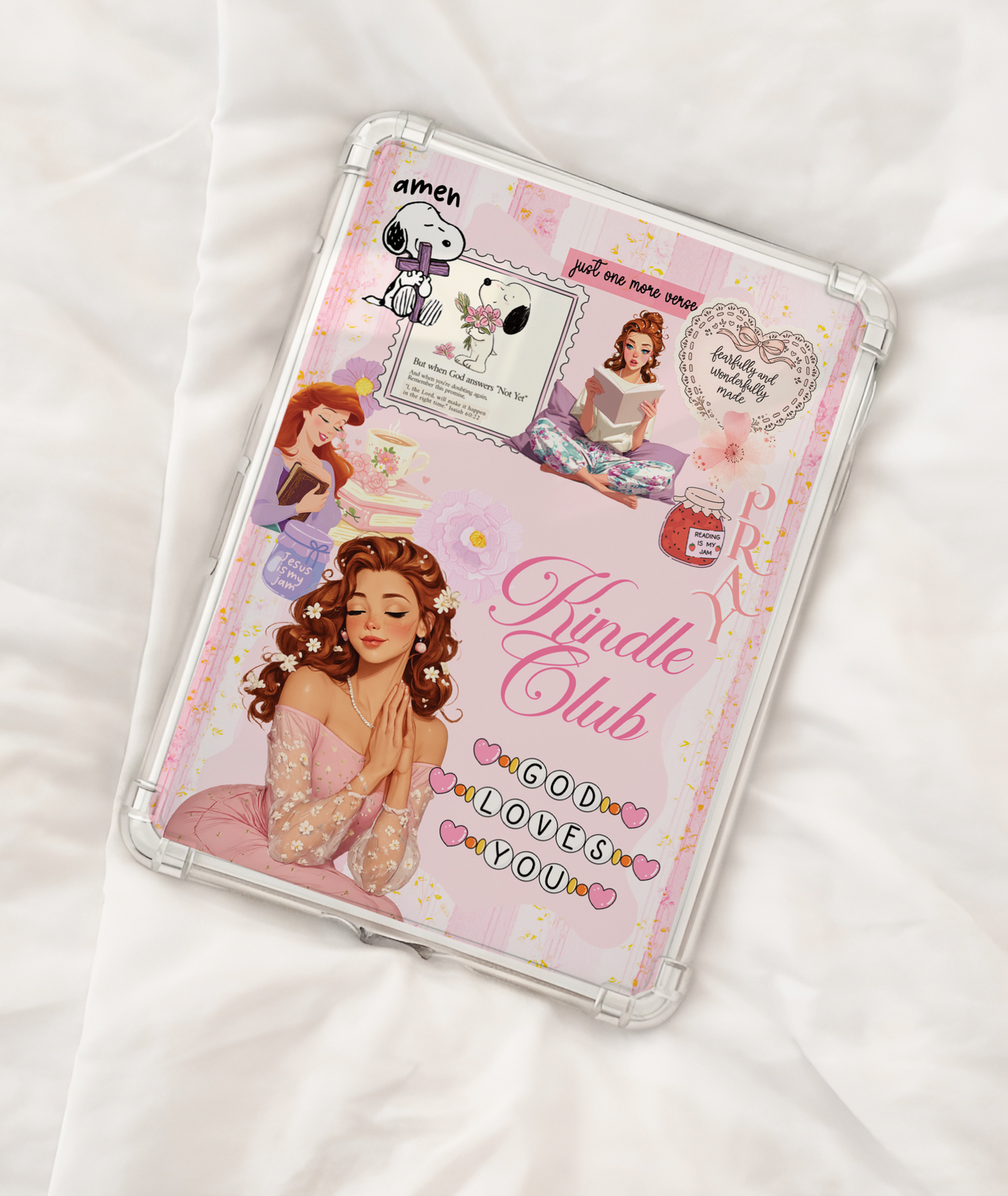 Christian Kindle insert pink aesthetic praying woman God loves you clear Kindle case mockup
