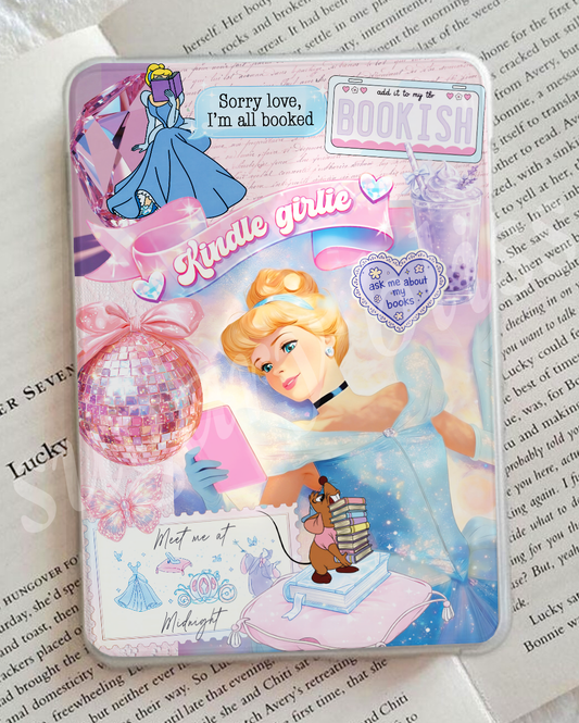 Cinderella inspired Kindle insert pastel aesthetic with Kindle girlie theme

Princess Kindle insert with pink ribbon banner and bookish quotes

Cinderella reading Kindle aesthetic insert for clear case