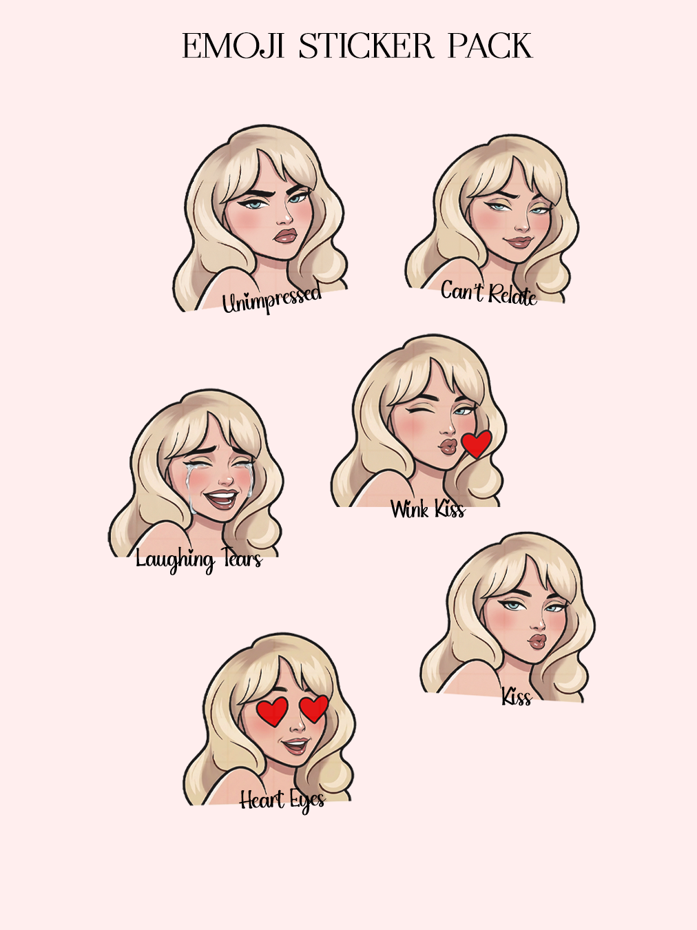 cute girly sabrina carpenter emoji sticker pack with blonde girl expressions unbothered laughing tears wink kiss heart eyes