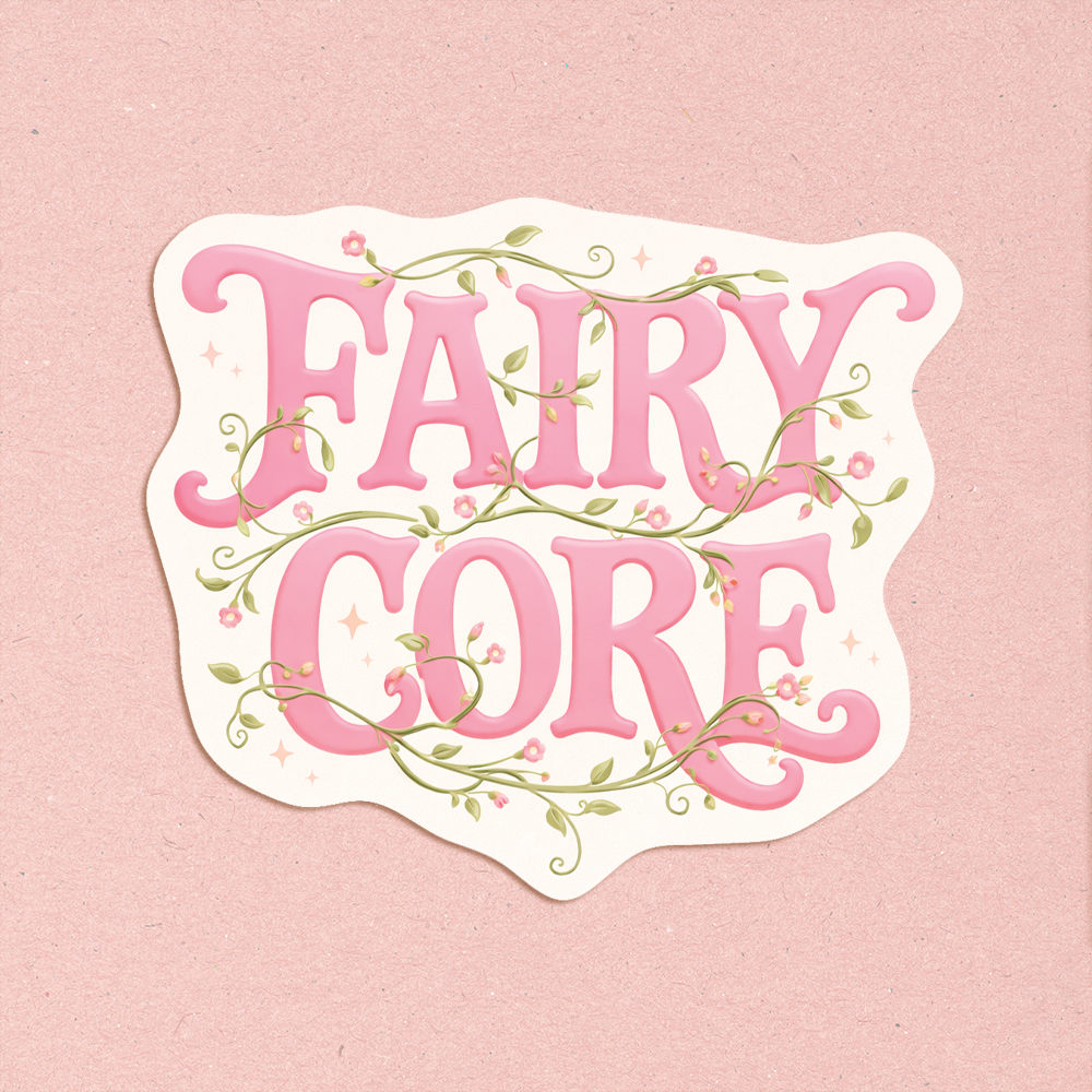 pink fairy core sticker with floral vines and soft pastel aesthetic on white die cut background