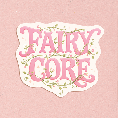 pink fairy core sticker with floral vines and soft pastel aesthetic on white die cut background