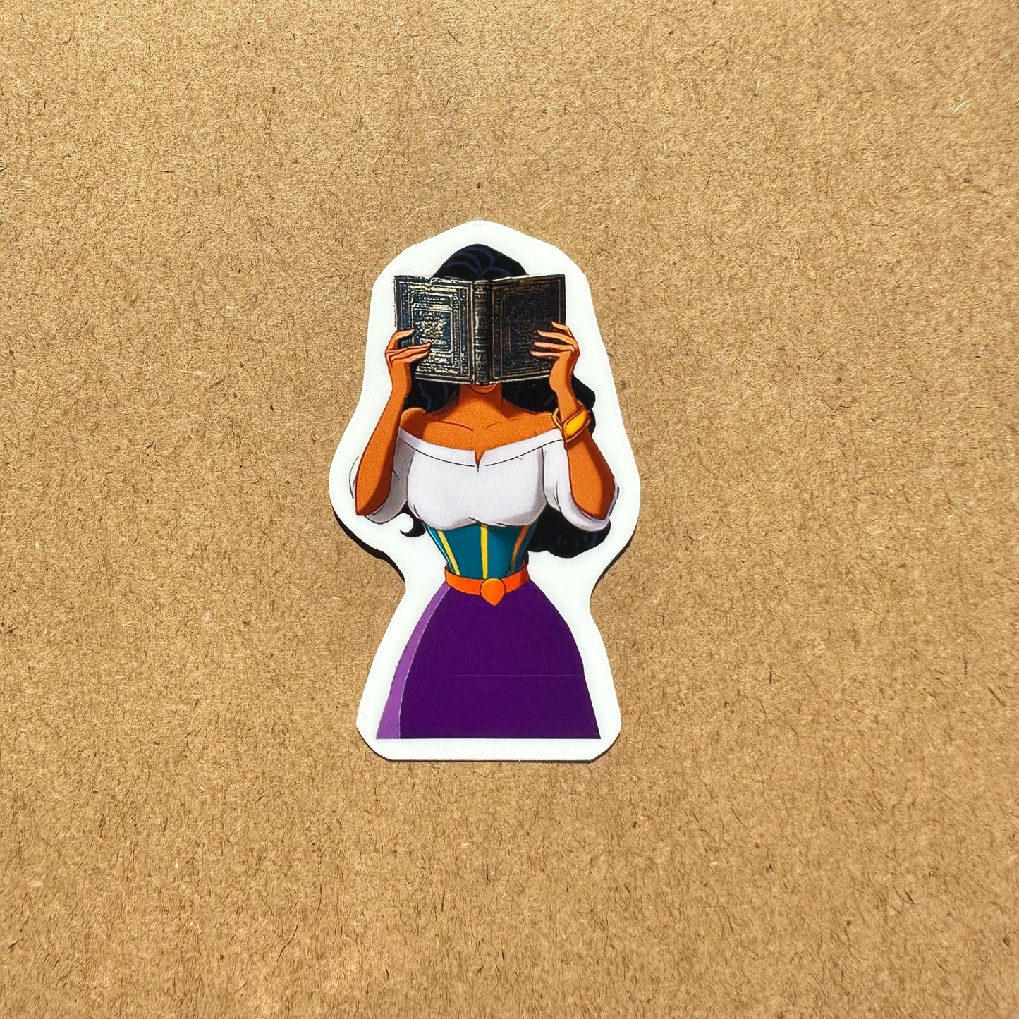 Sticker of a character with a book on a brown background