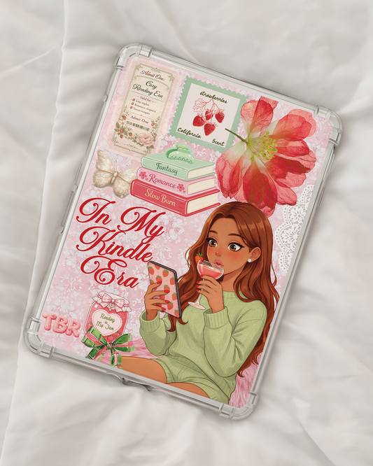 Printable In My Kindle Era digital download insert in clear Kindle case with pink floral coquette aesthetic