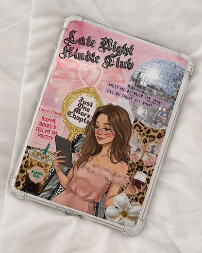 Late Night Kindle Club printable insert digital download in clear Kindle case with coquette glam reader design