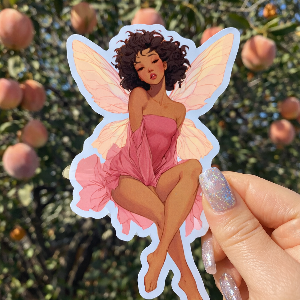 Sticker of a fairy with pink wings and dress held in front of a peach tree.