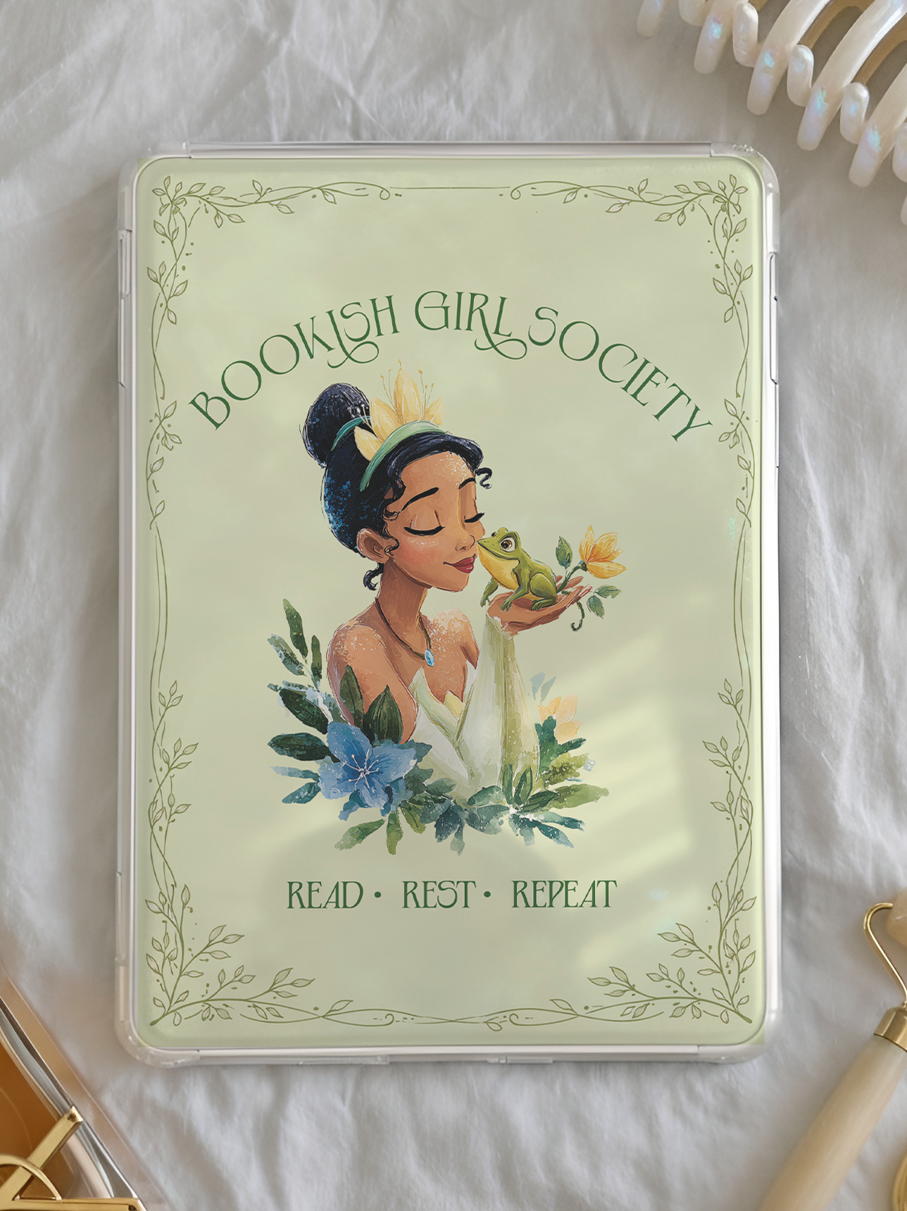 Princess Tiana bookish girl society Kindle insert green frog princess reader aesthetic