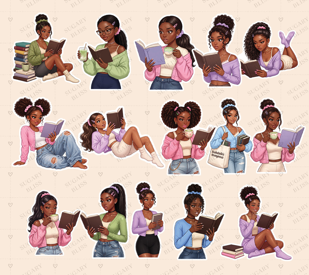 A sheet of illustrated young women with dark skin tones reading books in different poses and outfits, arranged in a grid on a light beige background with faint repeated watermark text.