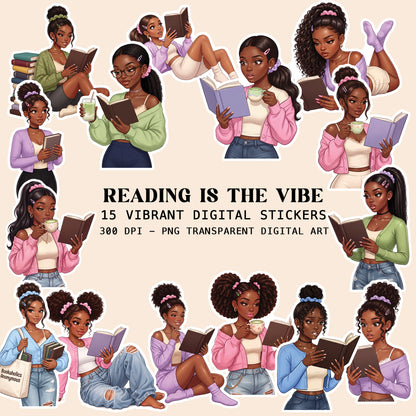 A digital sticker sheet featuring multiple cartoon illustrations of Black women reading, arranged around central text that reads 'READING IS THE VIBE' and '15 VIBRANT DIGITAL STICKERS 300 DPI - PNG TRANSPARENT DIGITAL ART'. The stickers show varied outfits, hair styles, and props like books, mugs, and notebooks on a light beige background.