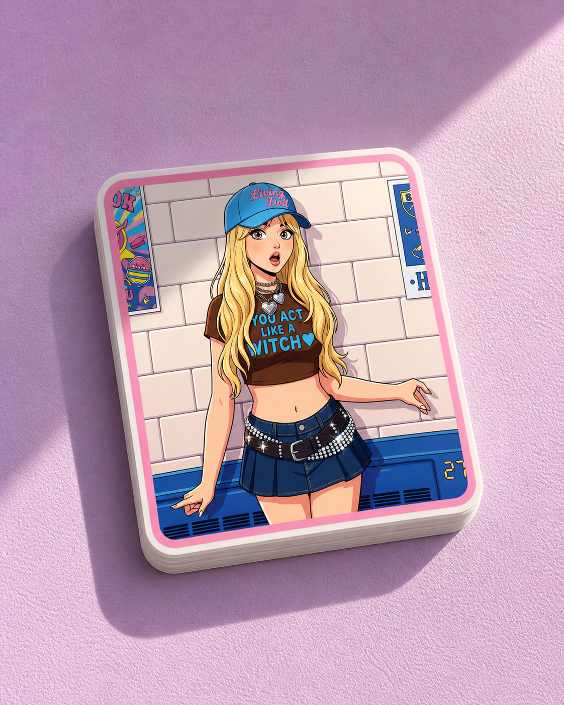 Card with an illustrated character wearing a blue cap and skirt on a pink background