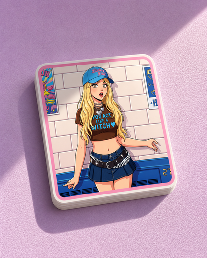Card with an illustrated character wearing a blue cap and skirt on a pink background