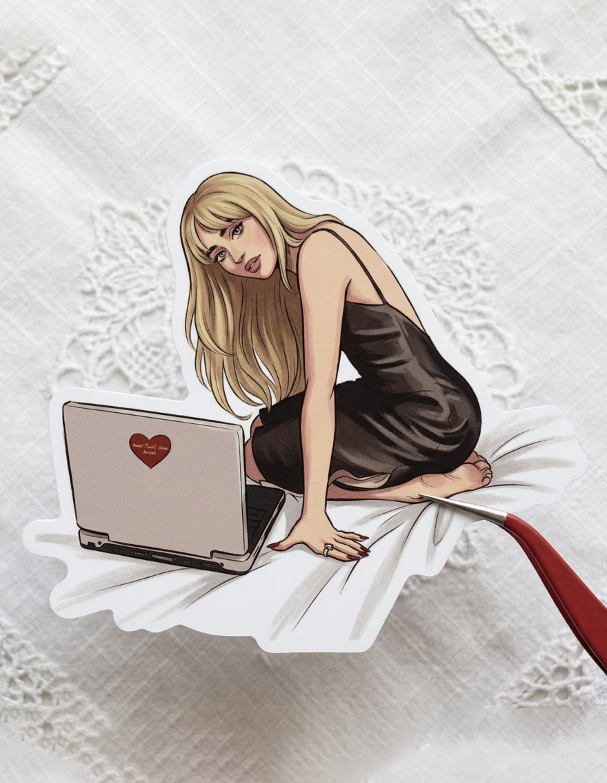 Illustration of a woman sitting on a bed with a laptop featuring a heart icon.