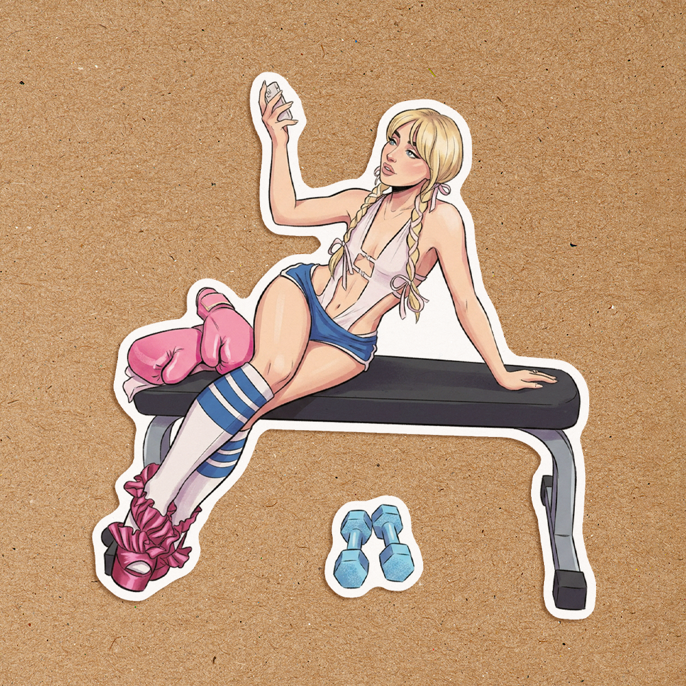 Illustration of a woman sitting on a bench with gym equipment on a brown background