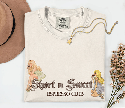 Short n Sweet Espresso Club Tee – Vintage Feminine Sabrina Coffee Shirt | Cute Coffee Lover Graphic Tee Printify
