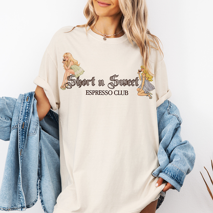 Short n Sweet Espresso Club Tee – Vintage Feminine Sabrina Coffee Shirt | Cute Coffee Lover Graphic Tee Printify