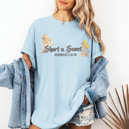 Short n Sweet Espresso Club Tee – Vintage Feminine Sabrina Coffee Shirt | Cute Coffee Lover Graphic Tee Printify