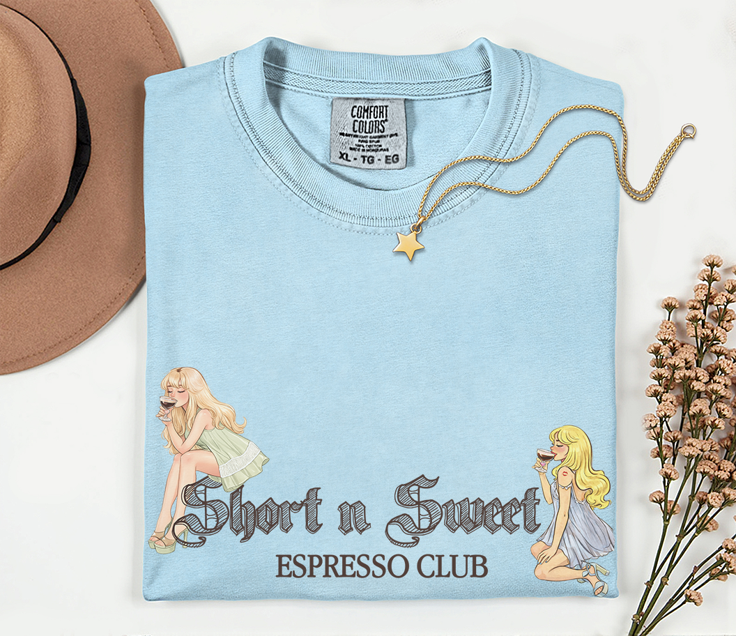 Short n Sweet Espresso Club Tee – Vintage Feminine Sabrina Coffee Shirt | Cute Coffee Lover Graphic Tee Printify