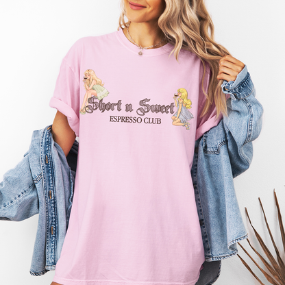 Short n Sweet Espresso Club Tee – Vintage Feminine Sabrina Coffee Shirt | Cute Coffee Lover Graphic Tee Printify